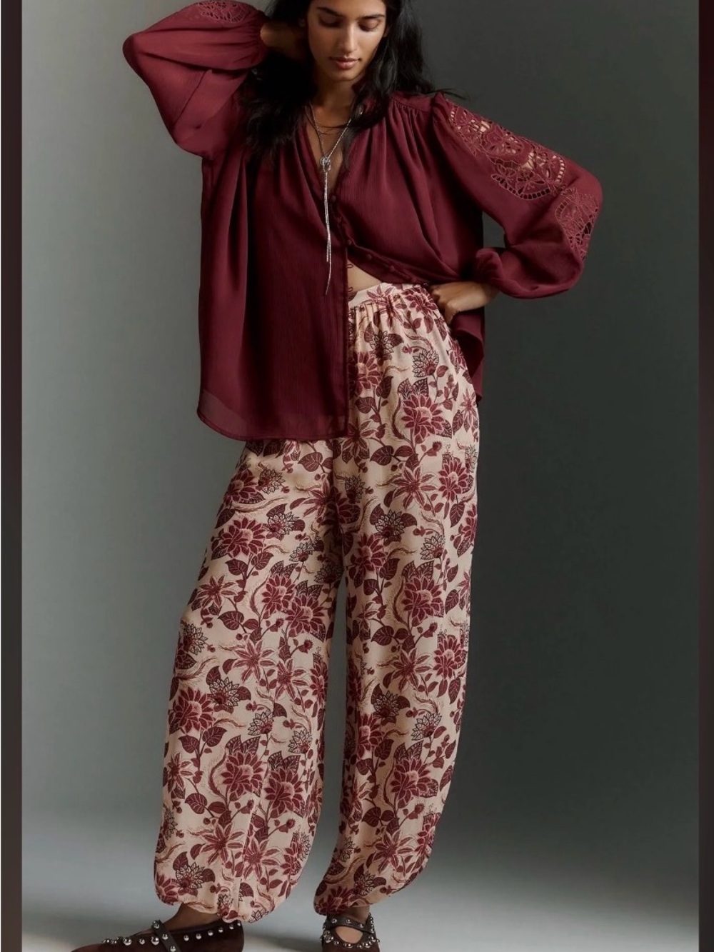 FARM Rio Burgundy Floral Wide-Leg Palazzo Pants